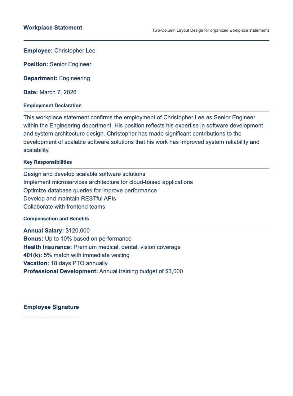 Two column workplace statement